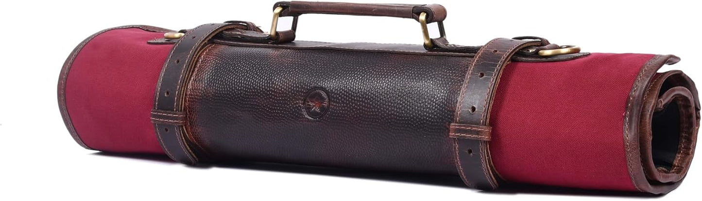 Leather Knife Roll Storage Bag, Elastic and Expandable 10 Pockets, Adjustable/Detachable Shoulder Strap, Travel-Friendly Chef Knife Case (Dark Brown, Leather)