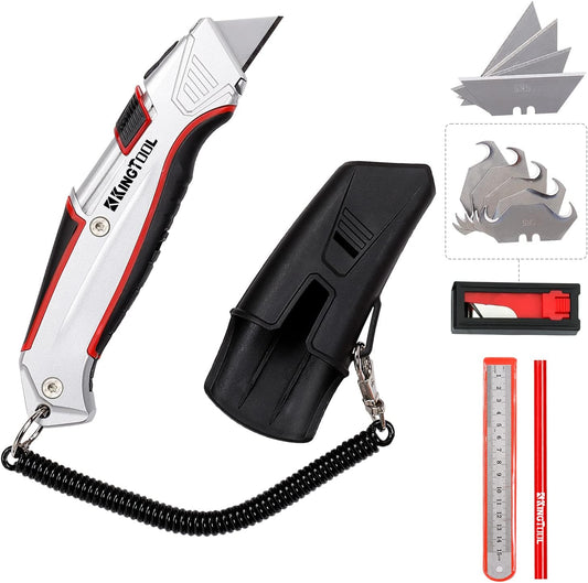 Self-Retracting Box Cutter with Holster & Belt Clip, Auto Retractable Safety Utility Knife with Total 10PCS SK5 blades, Aaluminum Shell with Rubber Grip, Sturdy & Strong