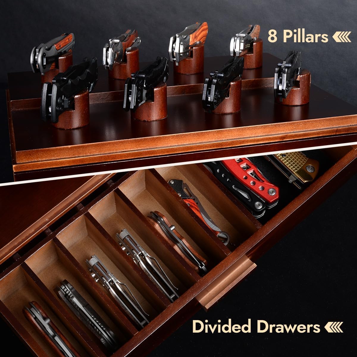 Knife Display Case, Pocket Knife Collection Display Holder, Folding Knife Wooden Showcase Display Organizer Storage with Drawers and Acrylic Cover, Surprise Gift for Men