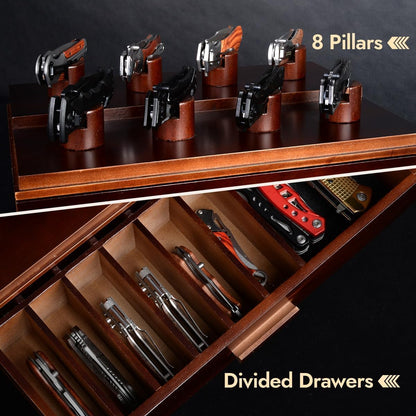 Knife Display Case, Pocket Knife Collection Display Holder, Folding Knife Wooden Showcase Display Organizer Storage with Drawers and Acrylic Cover, Surprise Gift for Men
