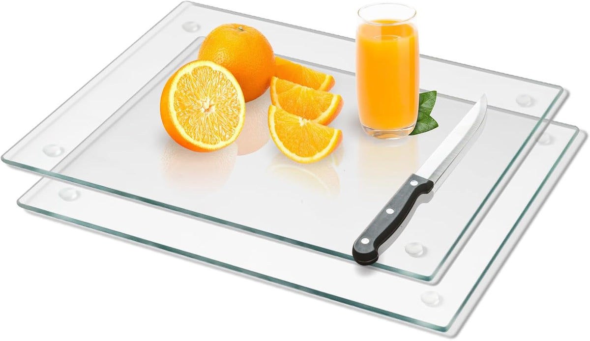 Tempered Glass Cutting Board for Kitchen, Clear Glass Board for Countertop, Heat Resistant, with Non-Slip Feet, 12x16" & 12x8" 2 Pcs Clear