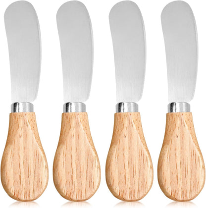 4 Pcs Cheese Spreader Knives, Wooden Handle Mini Butter Knife Spreader Stainless Steel Cheese Knife Set for Condiments, Cheese, Cream, Butter, Sandwich, Charcuterie Board Accessories