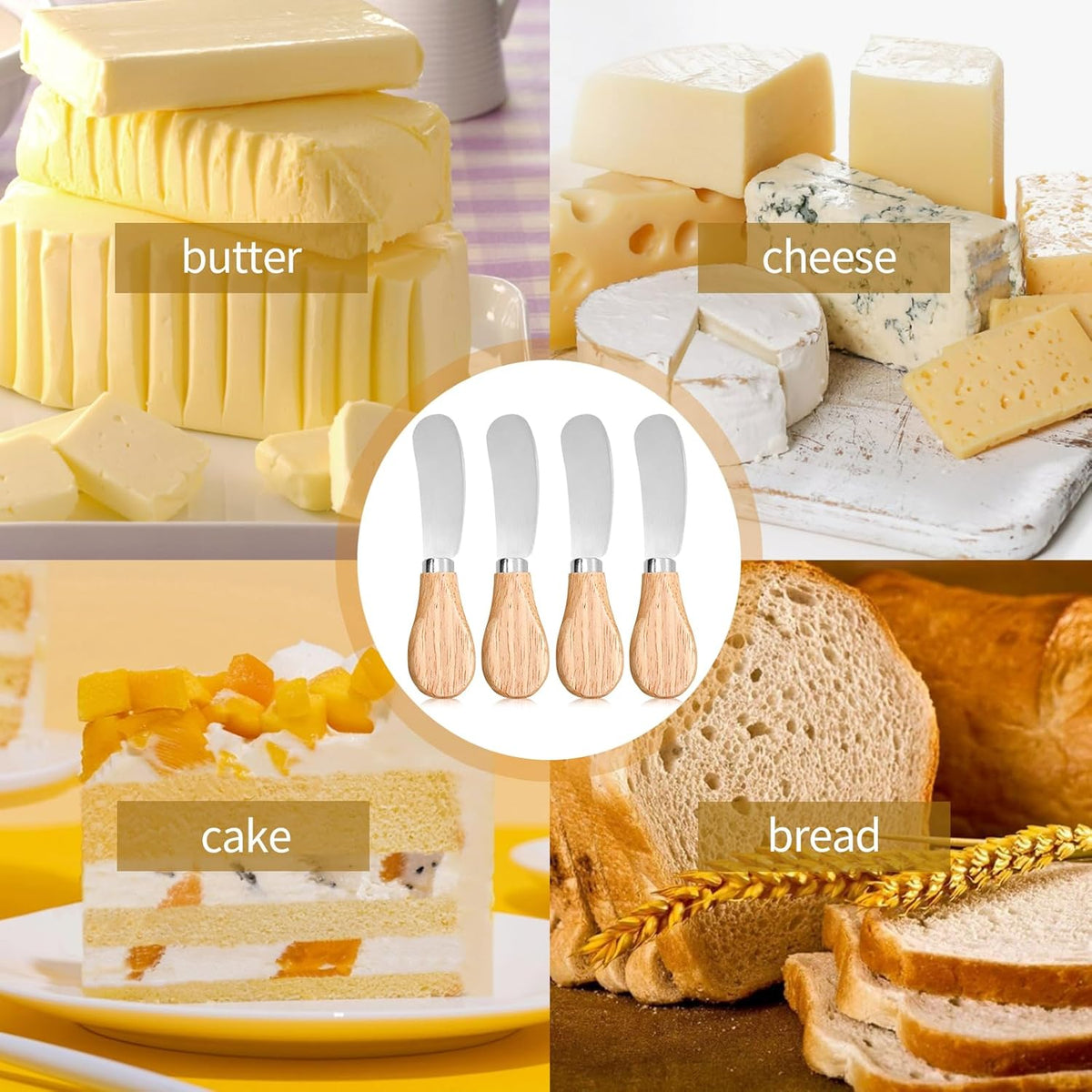4 Pcs Cheese Spreader Knives, Wooden Handle Mini Butter Knife Spreader Stainless Steel Cheese Knife Set for Condiments, Cheese, Cream, Butter, Sandwich, Charcuterie Board Accessories