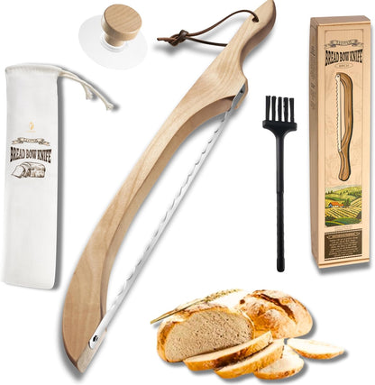 Bread Knife Package Slicer for Sourdough Bread, 16.5" Premium Wooden Bow Design, Premium Stainless Steel Serrated Saw, Cutter for cutting Loaf, Sandwich, Bagels, Homemade Bread & more - Birch