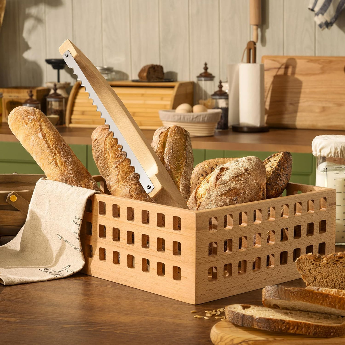 Bread Knife Package Slicer for Sourdough Bread, 16.5" Premium Wooden Bow Design, Premium Stainless Steel Serrated Saw, Cutter for cutting Loaf, Sandwich, Bagels, Homemade Bread & more - Birch