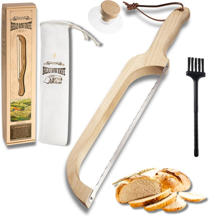 Bread Knife Package Slicer for Sourdough Bread, 16.5" Premium Wooden Bow Design, Premium Stainless Steel Serrated Saw, Cutter for cutting Loaf, Sandwich, Bagels, Homemade Bread & more - Birch