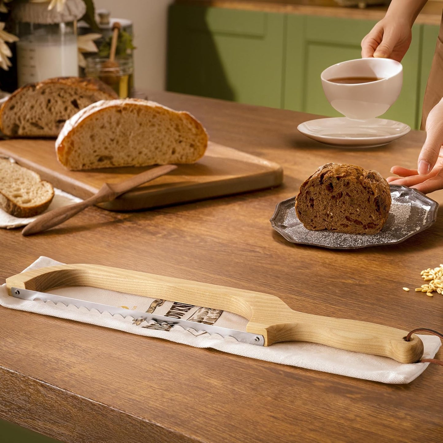 Bread Knife Package Slicer for Sourdough Bread, 16.5" Premium Wooden Bow Design, Premium Stainless Steel Serrated Saw, Cutter for cutting Loaf, Sandwich, Bagels, Homemade Bread & more - Birch