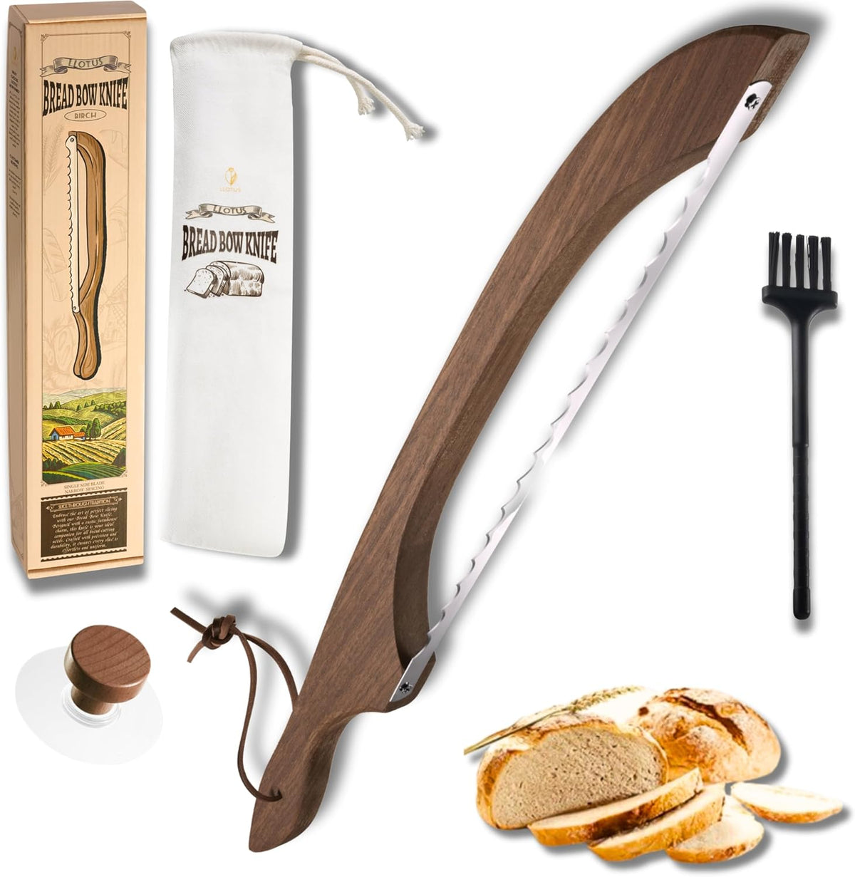 Bread Knife Package Slicer for Sourdough Bread, 16.5" Premium Wooden Bow Design, Premium Stainless Steel Serrated Saw, Cutter for cutting Loaf, Sandwich, Bagels, Homemade Bread & more - Birch