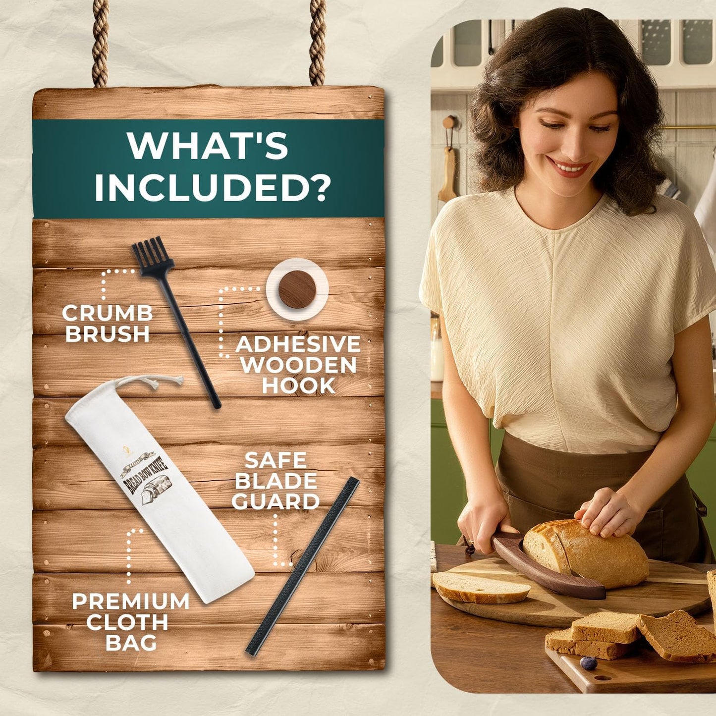 Bread Knife Package Slicer for Sourdough Bread, 16.5" Premium Wooden Bow Design, Premium Stainless Steel Serrated Saw, Cutter for cutting Loaf, Sandwich, Bagels, Homemade Bread & more - Birch