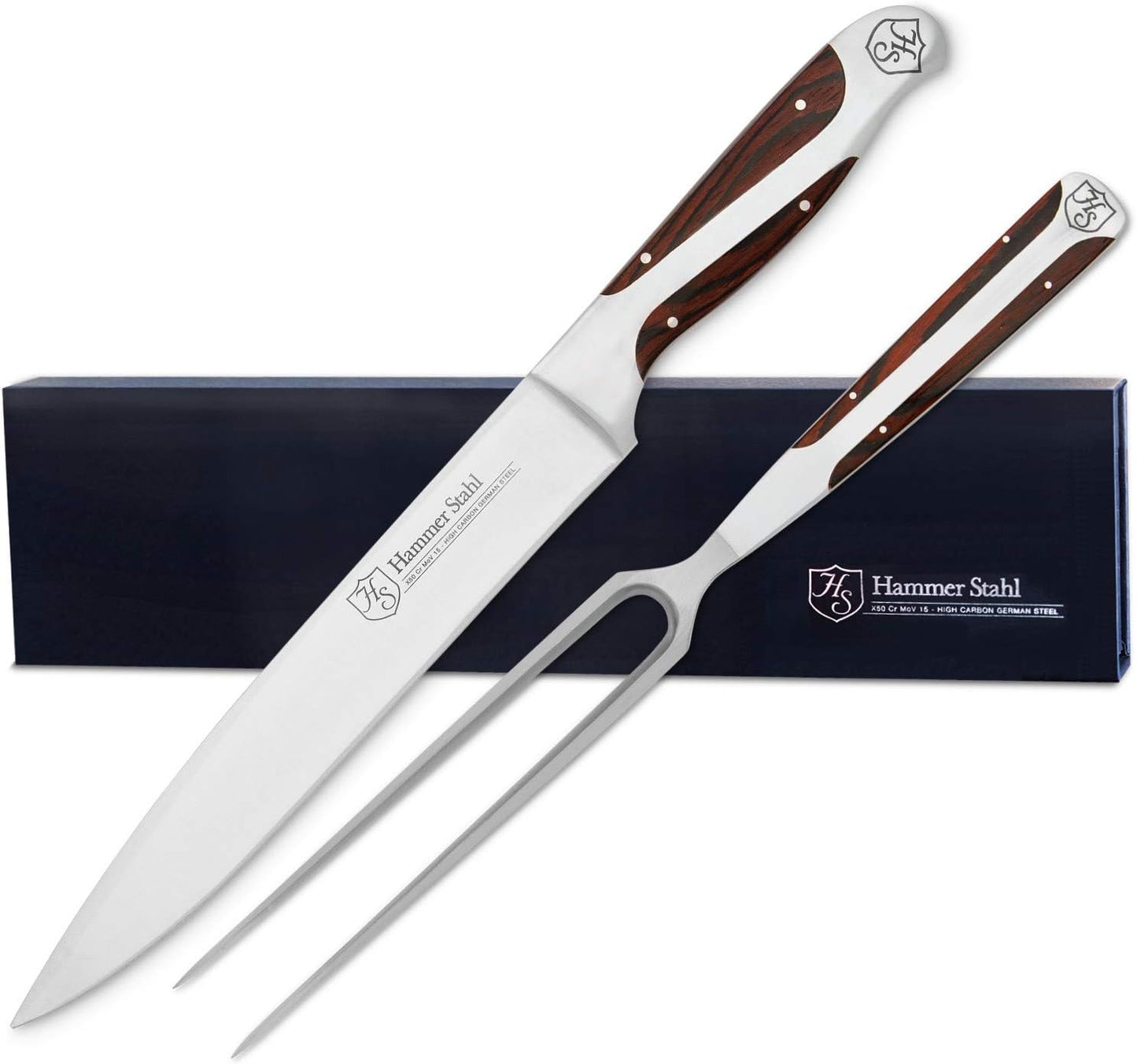 German Forged High Carbon Stainless Steel Carving Knife and Fork Set | Professional Meat Carving Set with Ergonomic Pakkawood Handle