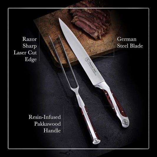 German Forged High Carbon Stainless Steel Carving Knife and Fork Set | Professional Meat Carving Set with Ergonomic Pakkawood Handle