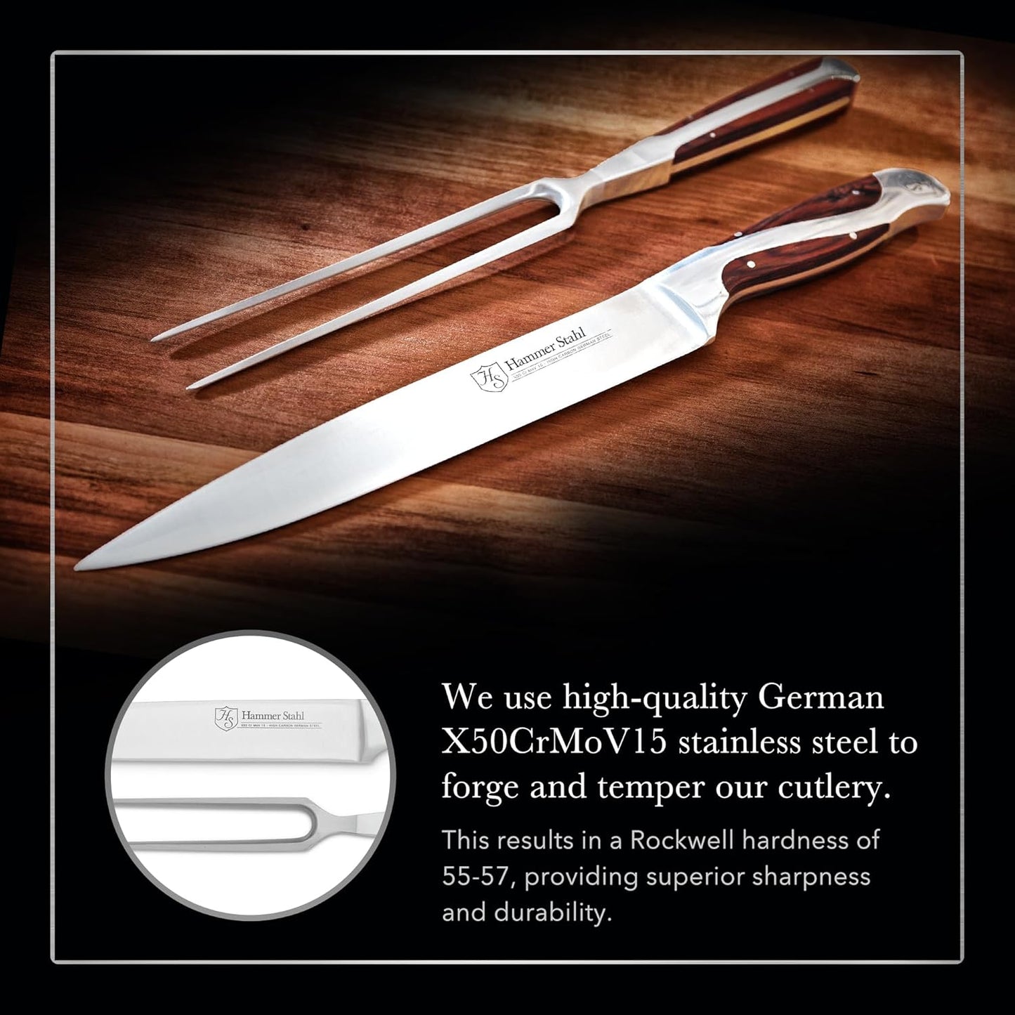 German Forged High Carbon Stainless Steel Carving Knife and Fork Set | Professional Meat Carving Set with Ergonomic Pakkawood Handle