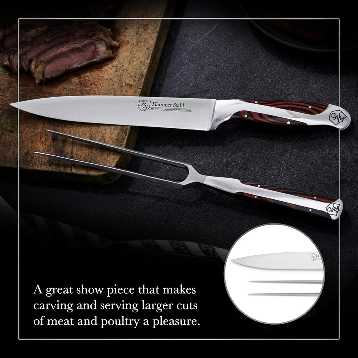 German Forged High Carbon Stainless Steel Carving Knife and Fork Set | Professional Meat Carving Set with Ergonomic Pakkawood Handle