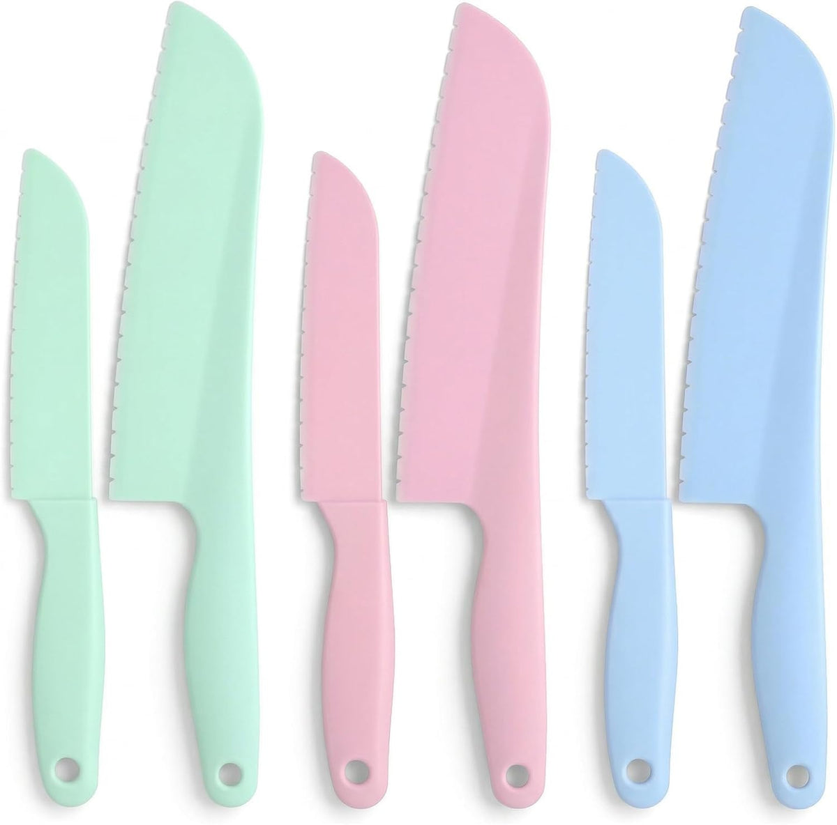 6 Pcs Lettuce Knife, 11/8.5 inch Plastic Cake Knifes to Prevent Browning Dishwasher Safe Kitchen Utensils Pastic Knife for Nonstick Pans (S/L Blue Green Pink)
