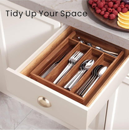 Silverware Organizer Acacia Wood Kitchen Drawer Organizer with 5 Slots Flatware Organizer Tray for Kitchen, Flatware, Utensils