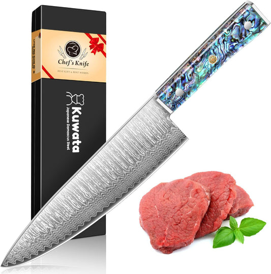 Damascus Chef Knife 8 Inch, Japanese Knife 10Cr15MOV Blade with Hand Forged Hammer Pattern Chef Knife, Hand forged VG-10 steel cooking knife, Ergonomic abalone shell G-10 handle with Gift Box