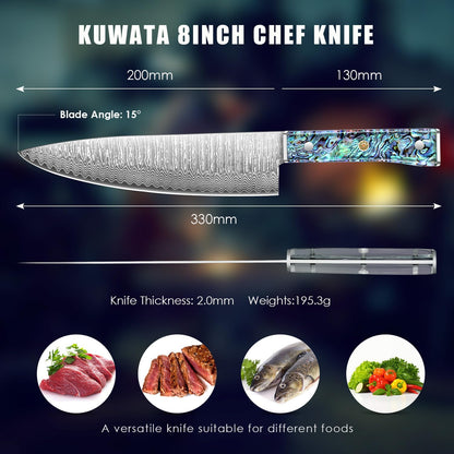 Damascus Chef Knife 8 Inch, Japanese Knife 10Cr15MOV Blade with Hand Forged Hammer Pattern Chef Knife, Hand forged VG-10 steel cooking knife, Ergonomic abalone shell G-10 handle with Gift Box
