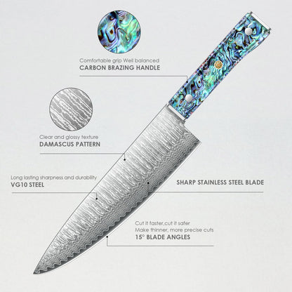 Damascus Chef Knife 8 Inch, Japanese Knife 10Cr15MOV Blade with Hand Forged Hammer Pattern Chef Knife, Hand forged VG-10 steel cooking knife, Ergonomic abalone shell G-10 handle with Gift Box