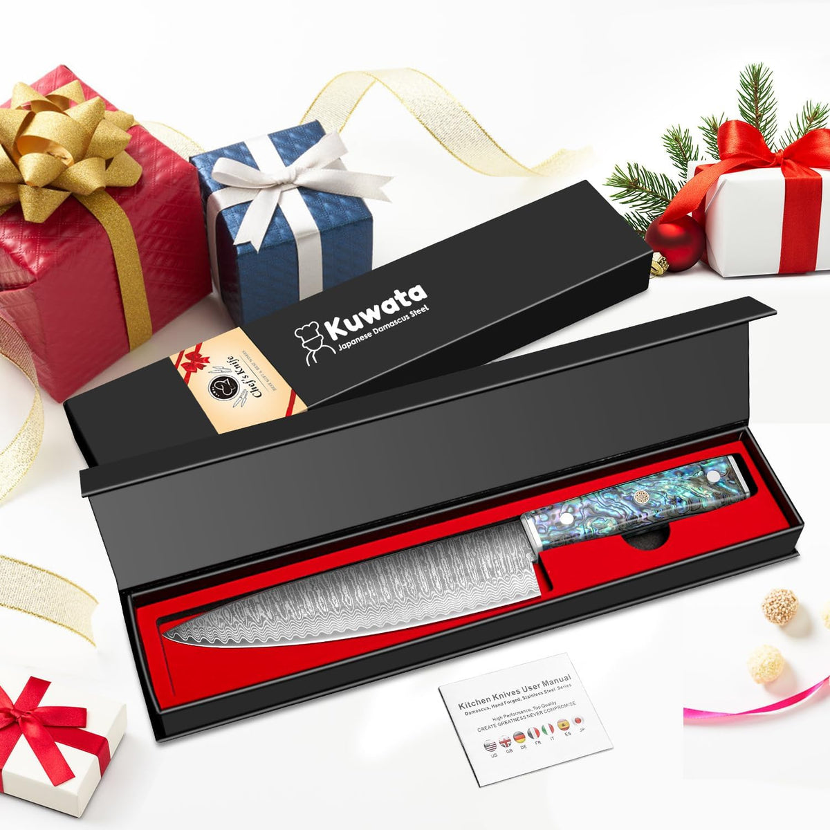 Damascus Chef Knife 8 Inch, Japanese Knife 10Cr15MOV Blade with Hand Forged Hammer Pattern Chef Knife, Hand forged VG-10 steel cooking knife, Ergonomic abalone shell G-10 handle with Gift Box