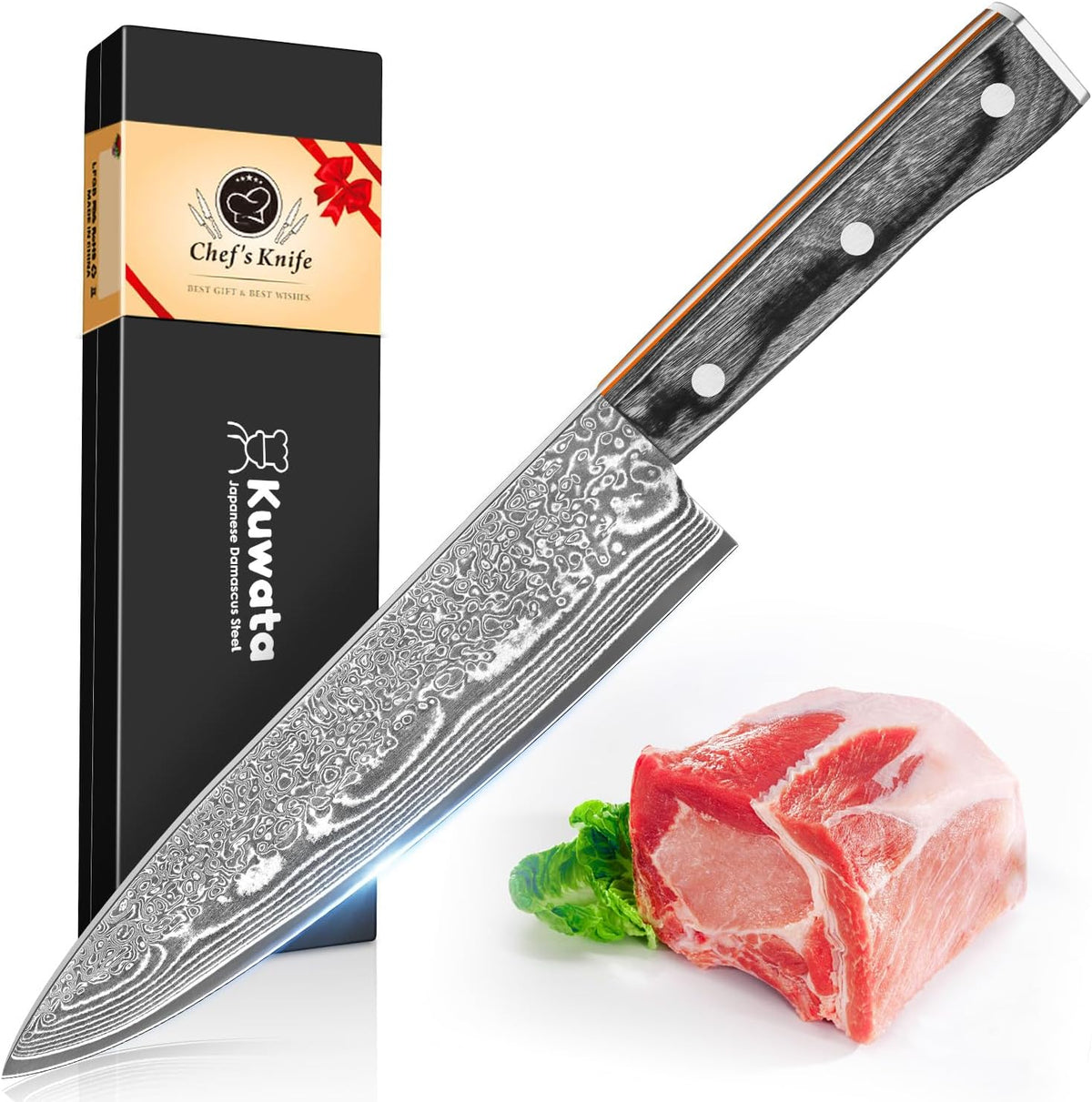 Damascus Chef Knife 8 Inch, Japanese Knife 10Cr15MOV Blade with Hand Forged Hammer Pattern Chef Knife, Hand forged VG-10 steel cooking knife, Ergonomic abalone shell G-10 handle with Gift Box
