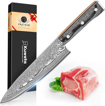 Damascus Chef Knife 8 Inch, Japanese Knife 10Cr15MOV Blade with Hand Forged Hammer Pattern Chef Knife, Hand forged VG-10 steel cooking knife, Ergonomic abalone shell G-10 handle with Gift Box