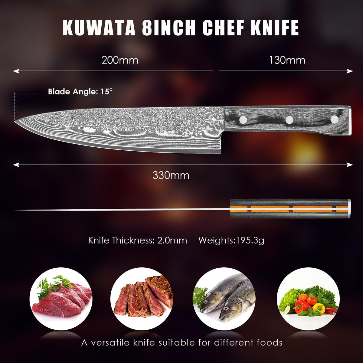 Damascus Chef Knife 8 Inch, Japanese Knife 10Cr15MOV Blade with Hand Forged Hammer Pattern Chef Knife, Hand forged VG-10 steel cooking knife, Ergonomic abalone shell G-10 handle with Gift Box