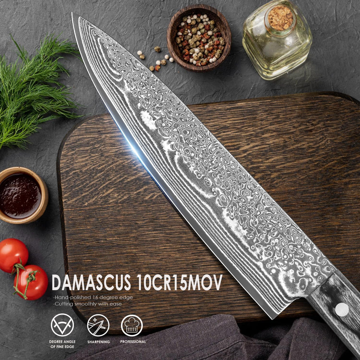 Damascus Chef Knife 8 Inch, Japanese Knife 10Cr15MOV Blade with Hand Forged Hammer Pattern Chef Knife, Hand forged VG-10 steel cooking knife, Ergonomic abalone shell G-10 handle with Gift Box