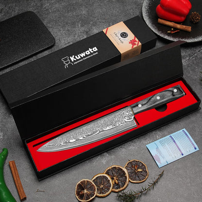 Damascus Chef Knife 8 Inch, Japanese Knife 10Cr15MOV Blade with Hand Forged Hammer Pattern Chef Knife, Hand forged VG-10 steel cooking knife, Ergonomic abalone shell G-10 handle with Gift Box