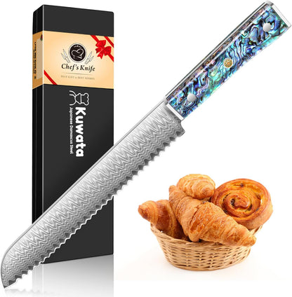Damascus Chef Knife 8 Inch, Japanese Knife 10Cr15MOV Blade with Hand Forged Hammer Pattern Chef Knife, Hand forged VG-10 steel cooking knife, Ergonomic abalone shell G-10 handle with Gift Box