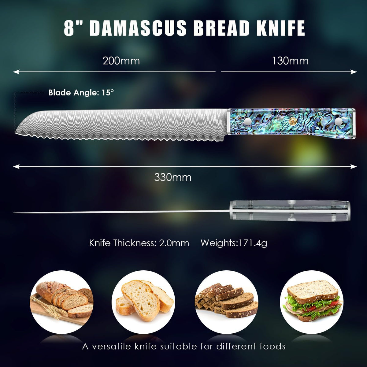 Damascus Chef Knife 8 Inch, Japanese Knife 10Cr15MOV Blade with Hand Forged Hammer Pattern Chef Knife, Hand forged VG-10 steel cooking knife, Ergonomic abalone shell G-10 handle with Gift Box