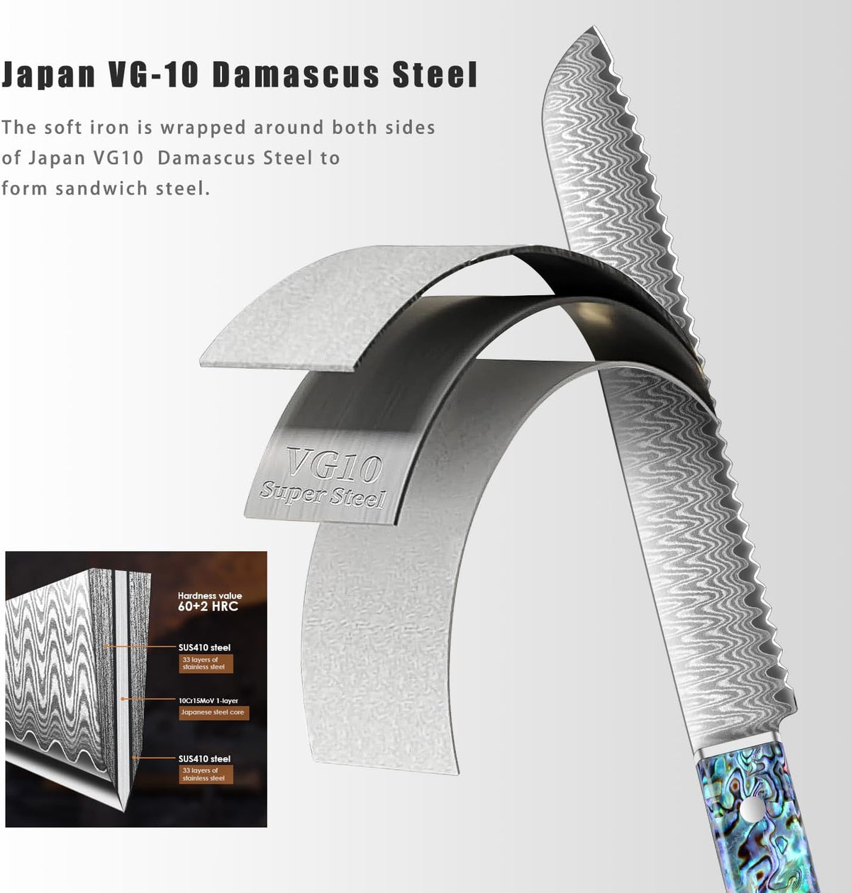 Damascus Chef Knife 8 Inch, Japanese Knife 10Cr15MOV Blade with Hand Forged Hammer Pattern Chef Knife, Hand forged VG-10 steel cooking knife, Ergonomic abalone shell G-10 handle with Gift Box