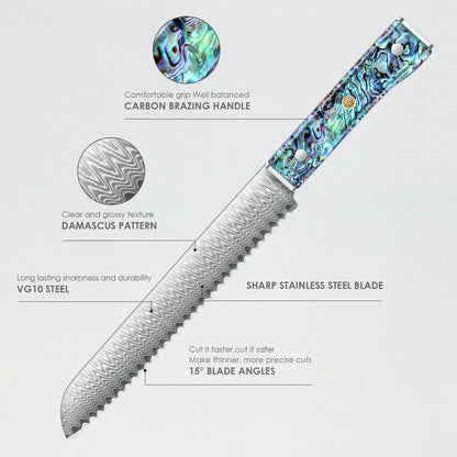 Damascus Chef Knife 8 Inch, Japanese Knife 10Cr15MOV Blade with Hand Forged Hammer Pattern Chef Knife, Hand forged VG-10 steel cooking knife, Ergonomic abalone shell G-10 handle with Gift Box