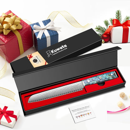Damascus Chef Knife 8 Inch, Japanese Knife 10Cr15MOV Blade with Hand Forged Hammer Pattern Chef Knife, Hand forged VG-10 steel cooking knife, Ergonomic abalone shell G-10 handle with Gift Box