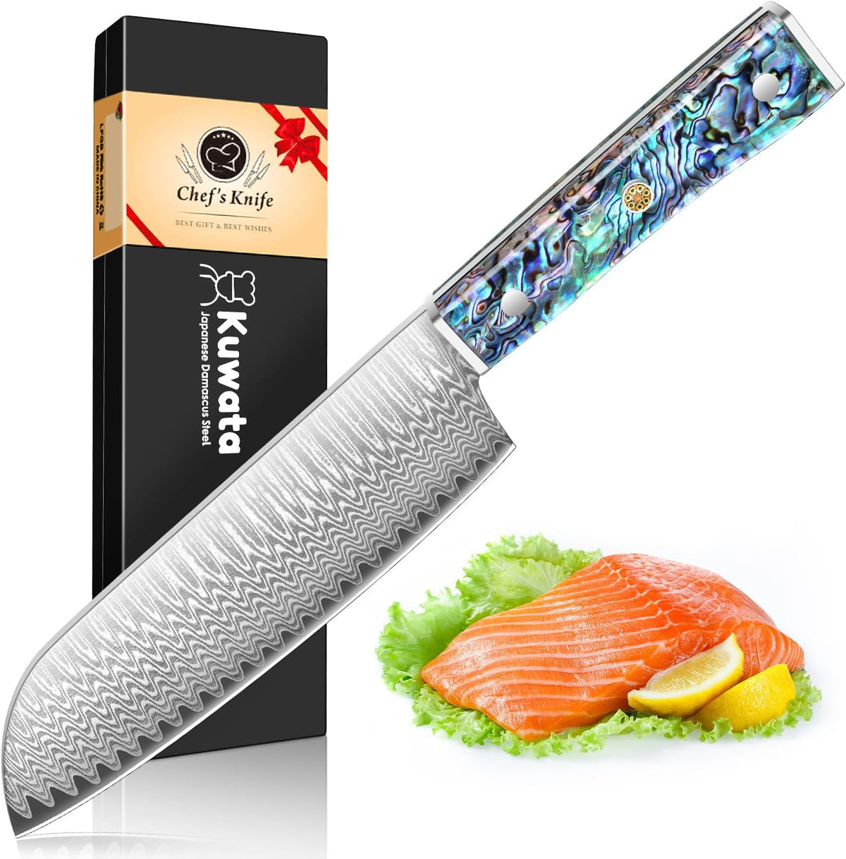 Damascus Chef Knife 8 Inch, Japanese Knife 10Cr15MOV Blade with Hand Forged Hammer Pattern Chef Knife, Hand forged VG-10 steel cooking knife, Ergonomic abalone shell G-10 handle with Gift Box