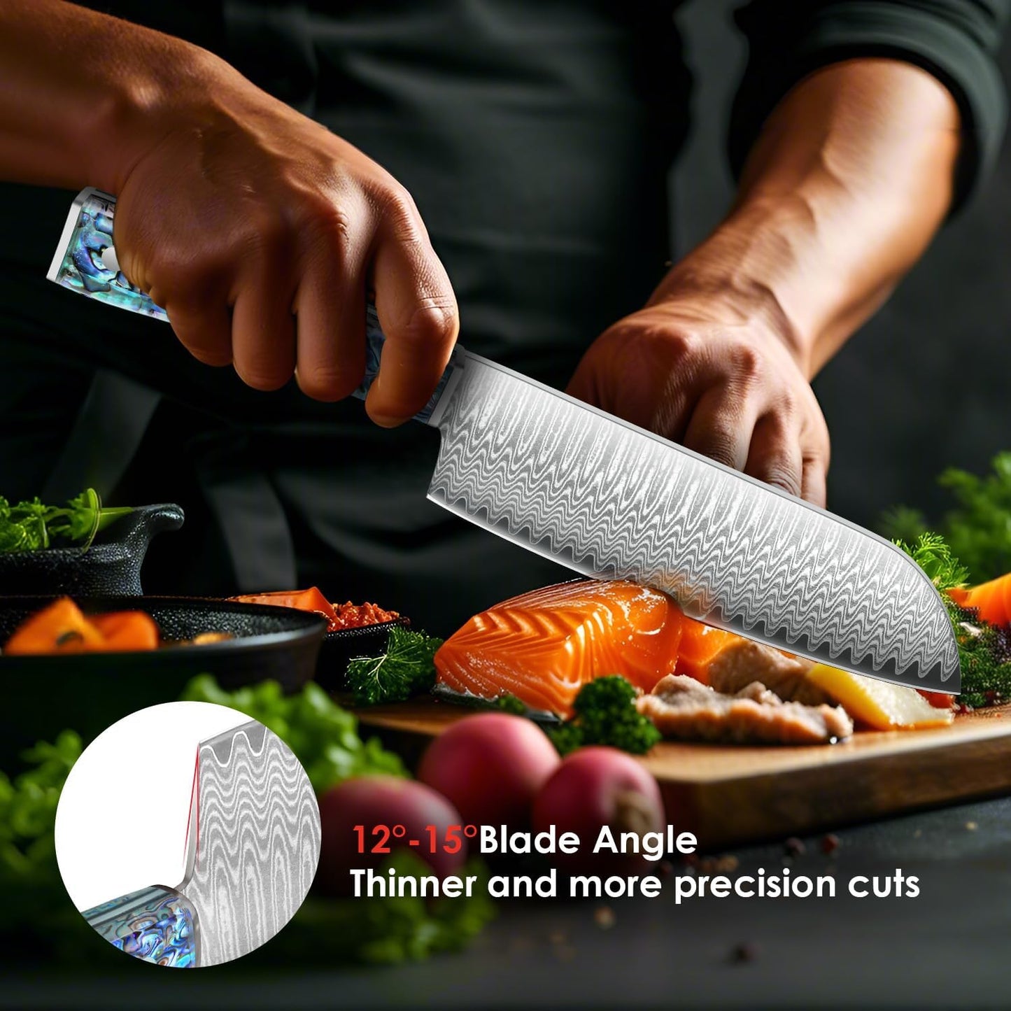 Damascus Chef Knife 8 Inch, Japanese Knife 10Cr15MOV Blade with Hand Forged Hammer Pattern Chef Knife, Hand forged VG-10 steel cooking knife, Ergonomic abalone shell G-10 handle with Gift Box