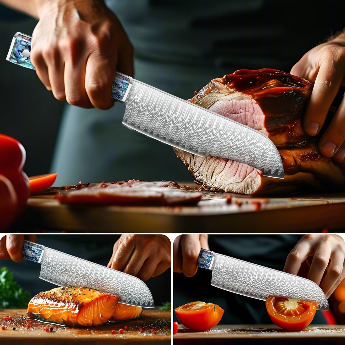 Damascus Chef Knife 8 Inch, Japanese Knife 10Cr15MOV Blade with Hand Forged Hammer Pattern Chef Knife, Hand forged VG-10 steel cooking knife, Ergonomic abalone shell G-10 handle with Gift Box