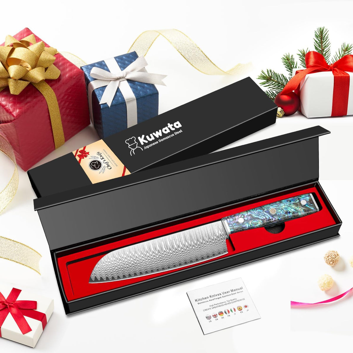 Damascus Chef Knife 8 Inch, Japanese Knife 10Cr15MOV Blade with Hand Forged Hammer Pattern Chef Knife, Hand forged VG-10 steel cooking knife, Ergonomic abalone shell G-10 handle with Gift Box