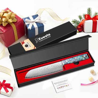 Damascus Chef Knife 8 Inch, Japanese Knife 10Cr15MOV Blade with Hand Forged Hammer Pattern Chef Knife, Hand forged VG-10 steel cooking knife, Ergonomic abalone shell G-10 handle with Gift Box