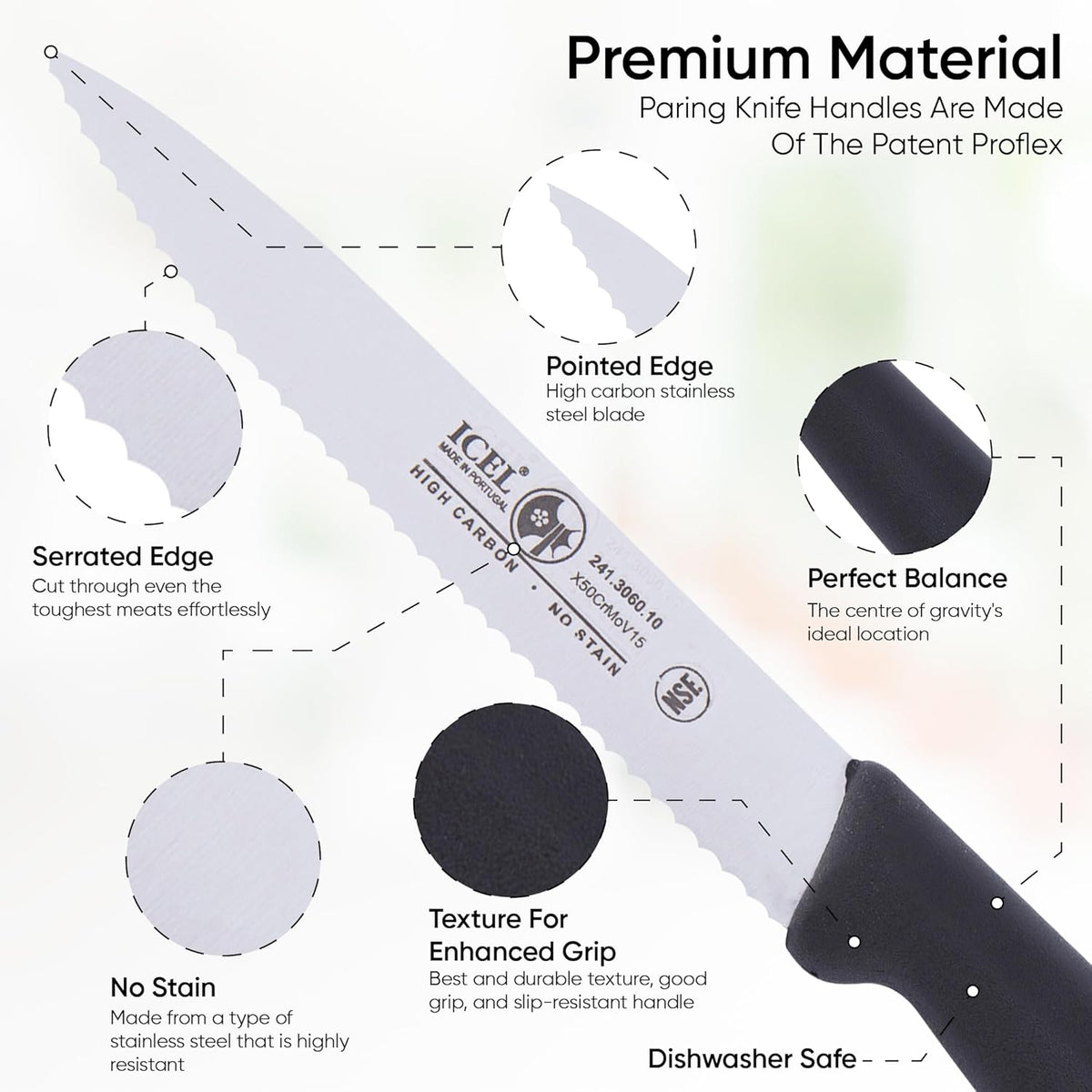 4 Inch Paring Knife, Serrated Edge - Point Tip - High Carbon German Stainless Steel Razor-Sharp Blade, Gray Handle