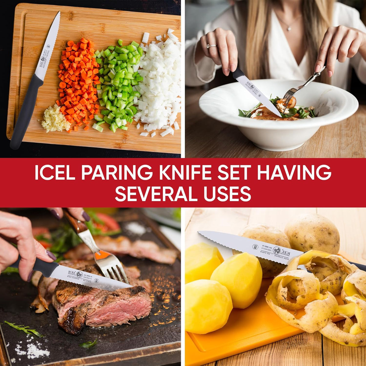 4 Inch Paring Knife, Serrated Edge - Point Tip - High Carbon German Stainless Steel Razor-Sharp Blade, Gray Handle