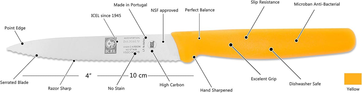 4 Inch Paring Knife, Serrated Edge - Point Tip - High Carbon German Stainless Steel Razor-Sharp Blade, Gray Handle