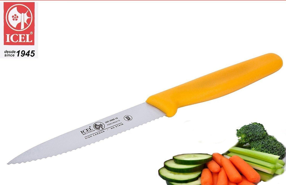 4 Inch Paring Knife, Serrated Edge - Point Tip - High Carbon German Stainless Steel Razor-Sharp Blade, Gray Handle