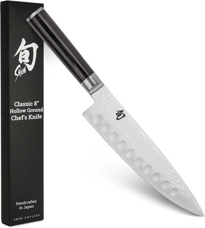 Classic 8" Hollow Ground Chef's Knife, Handcrafted Japanese Knife for Professional and Home Chefs, VG-MAX Core with Damascus Stainless Steel Cladding, Pakkawood Handle