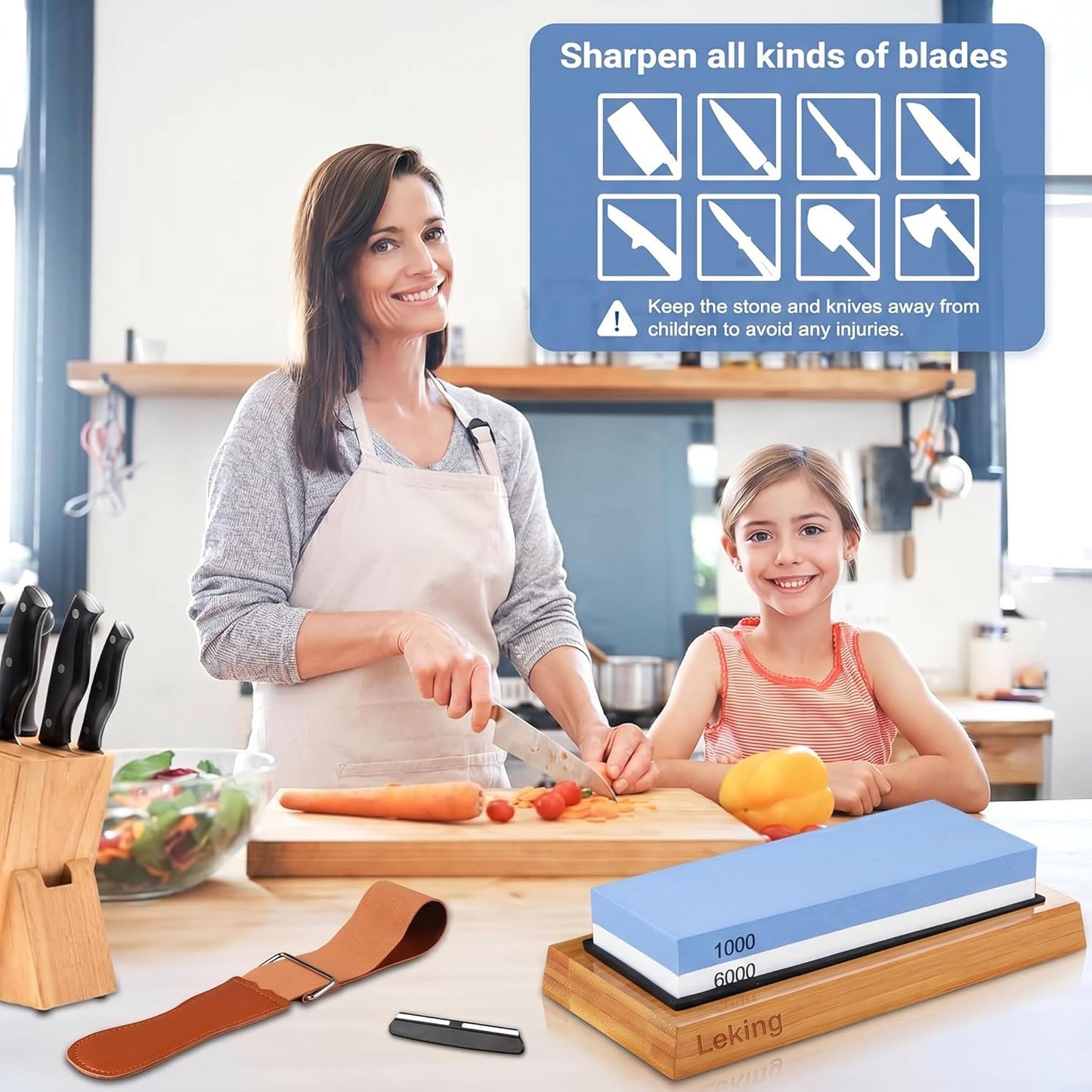 Professional Knife Sharpener & Sharpening Stone Set: 1000/6000 Grit Dual-Sided Whetstone(7"x2.4"x1.2") with Bamboo Base, Non-Slip Silicone Holder, Angle Guide & Leather Strop Kit