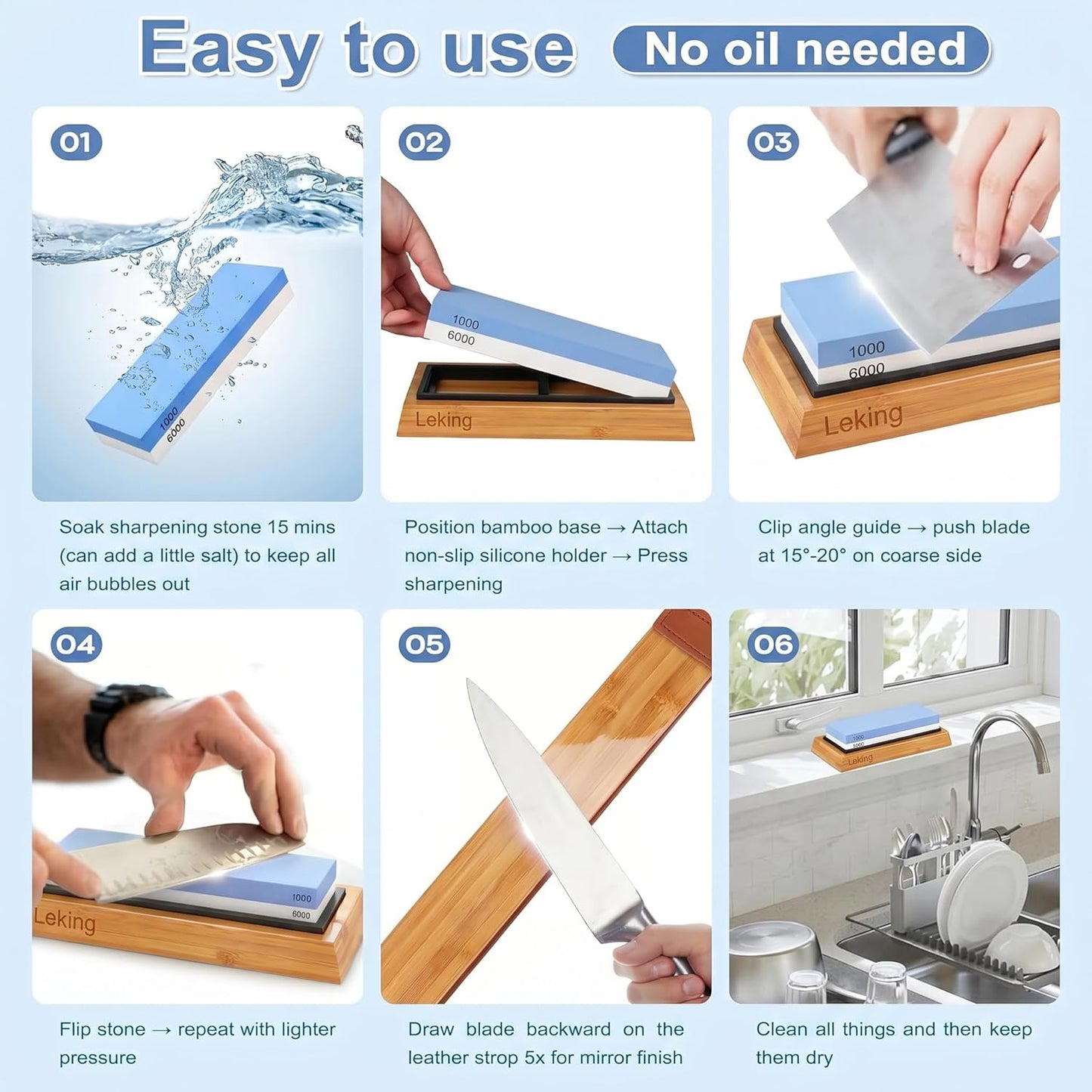 Professional Knife Sharpener & Sharpening Stone Set: 1000/6000 Grit Dual-Sided Whetstone(7"x2.4"x1.2") with Bamboo Base, Non-Slip Silicone Holder, Angle Guide & Leather Strop Kit