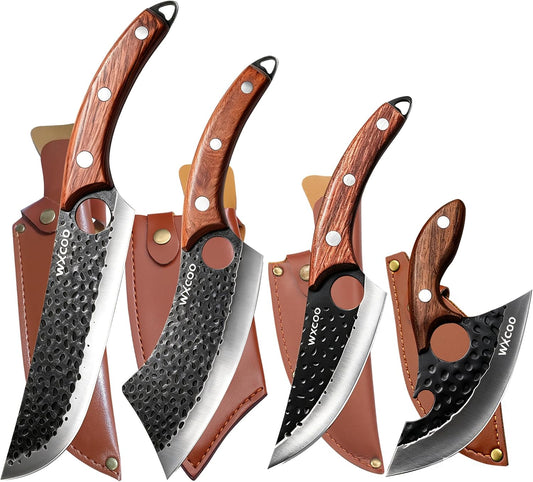 4PCS Hand Forged Kitchen Knife Set with Sheaths, High Carbon Steel Viking Butcher Knife Set, Serbian Chef Cleaver, Heavy Duty Boning Knife & Slicing Knife for Outdoor BBQ, Camping, Hunting