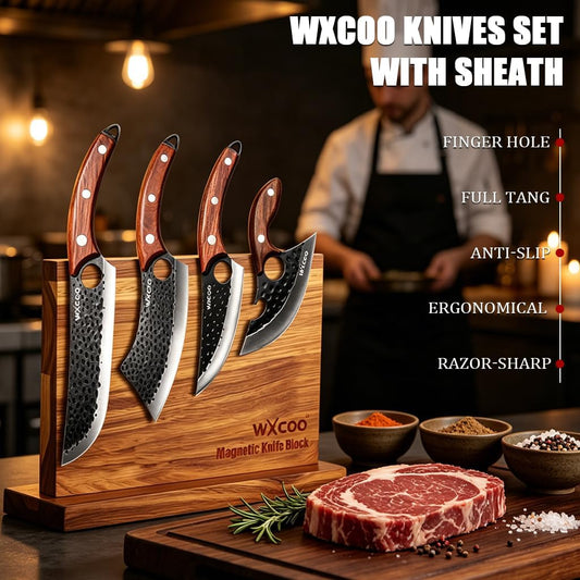 4PCS Hand Forged Kitchen Knife Set with Sheaths, High Carbon Steel Viking Butcher Knife Set, Serbian Chef Cleaver, Heavy Duty Boning Knife & Slicing Knife for Outdoor BBQ, Camping, Hunting