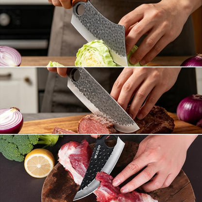 4PCS Hand Forged Kitchen Knife Set with Sheaths, High Carbon Steel Viking Butcher Knife Set, Serbian Chef Cleaver, Heavy Duty Boning Knife & Slicing Knife for Outdoor BBQ, Camping, Hunting