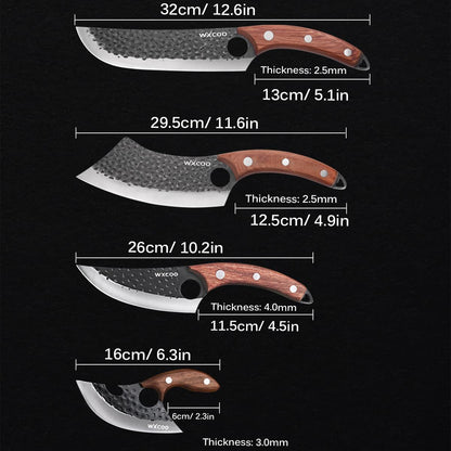 4PCS Hand Forged Kitchen Knife Set with Sheaths, High Carbon Steel Viking Butcher Knife Set, Serbian Chef Cleaver, Heavy Duty Boning Knife & Slicing Knife for Outdoor BBQ, Camping, Hunting