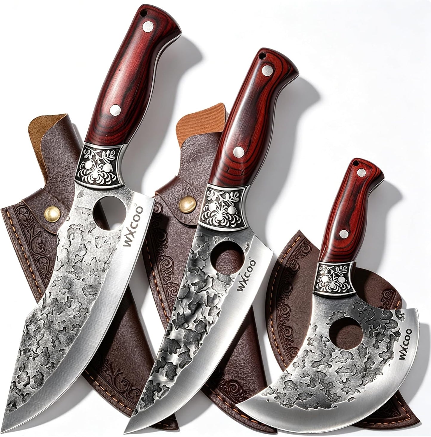 4PCS Hand Forged Kitchen Knife Set with Sheaths, High Carbon Steel Viking Butcher Knife Set, Serbian Chef Cleaver, Heavy Duty Boning Knife & Slicing Knife for Outdoor BBQ, Camping, Hunting